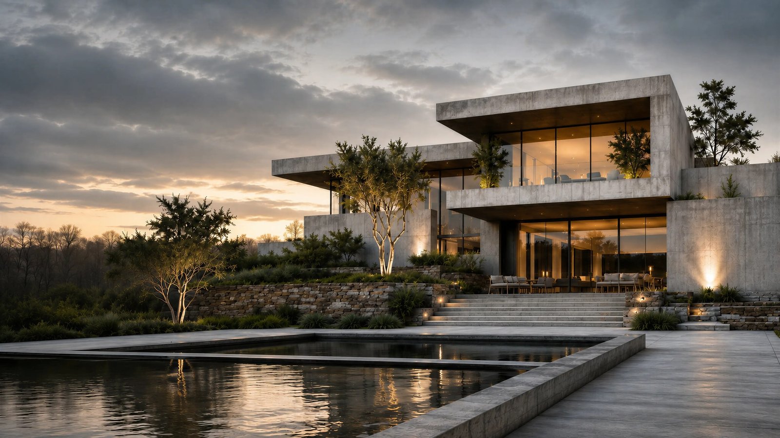 Residência contemporânea em concreto aparente iluminada ao entardecer